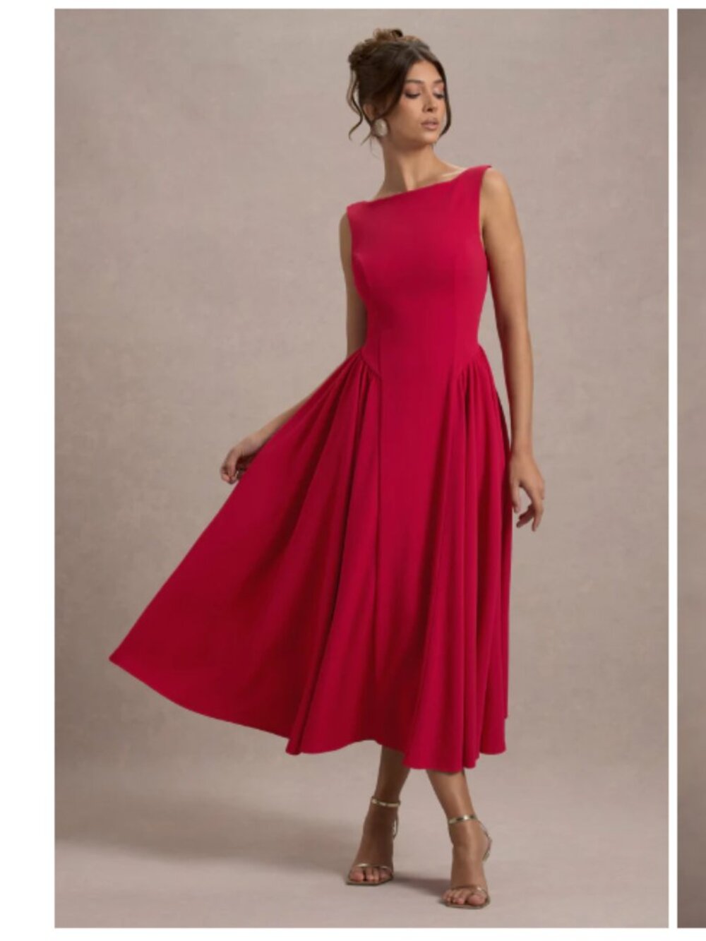 Club London L MURIEL red Boat-Neck Volume-Hem Midi Dress red 6 small sleeveless - Picture 5 of 6